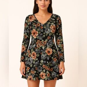 Elegant Floral Long Sleeve Dress - Black and Orange